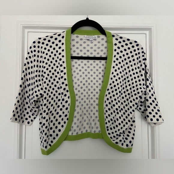Joseph A. White Navy Polka Dot Short Sleeve Cardigan Green Trim Small Soft Knit - Picture 1 of 6